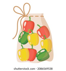 Fabric transparent reusable eco bag for weighing food, vegetables and fruits without using plastic bag with Bell pepper. Caring for the environment concept