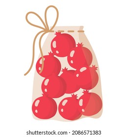 Fabric transparent reusable eco bag for weighing food, vegetables and fruits without using plastic bag with pomegranate. Caring for the environment concept
