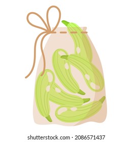 Fabric transparent reusable eco bag for weighing food, vegetables and fruits without using plastic bag with zucchini. Caring for the environment concept