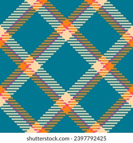 Fabric vector background of plaid texture seamless with a pattern check textile tartan in cyan and orange colors.