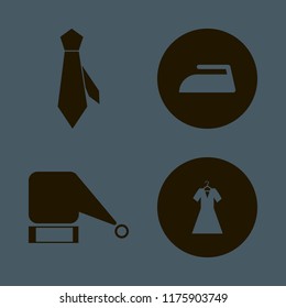 fabric vector icons set. with tie, evening dress, iron and santa hat in set