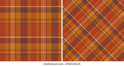 Fabric vector tartan of plaid check seamless with a pattern texture textile background. Set in warm colours. Stylish gingham patterns for clothing.
