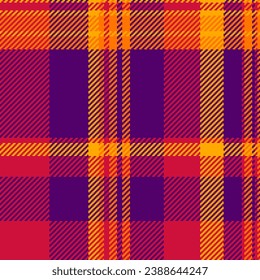 Fabric vector textile of tartan seamless plaid with a check pattern texture background in purple and red colors.