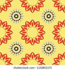 Fabric, wallpaper, cloth and textile design. Modern urban dazzle paint. Seamless impressive Mandalas pattern. Vector eco-styled background. Abstract yellow, red and white psychedelic print.