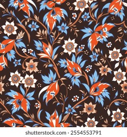 fabric or wallpaper pattern with various floral patterns on a dark brown background