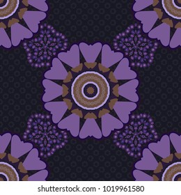 Fabric, wallpaper or wrap print. Seamless motley pattern with oriental mandalas in black, violet and brown colors. Kaleidoscope elements. Vector hippie mandala.