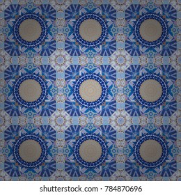 Fabric, wallpaper or wrap print. Seamless motley pattern with oriental mandalas in violet, beige and blue colors. Kaleidoscope elements. Vector hippie mandala.