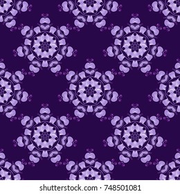 Fabric, wallpaper or wrap print. Vector hippie mandala. Seamless motley pattern with oriental mandalas in blue, violet and white colors. Kaleidoscope elements.