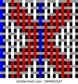 Fabric weave vector template with red blue and white vertical and gray horisontal flat plain intersecting lines on a black background. 