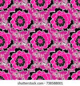 Fabric white, magenta and black seamless pattern with flowers. Vector texture daisy flowers detail.