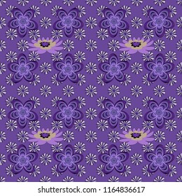 Fabric white, violet and black seamless pattern with flowers. Vector texture daisy flowers detail.