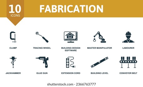 Conjunto de estructuras. Iconos creativos: abrazadera, rueda de traza, software de diseño de construcción, manipulador maestro, obrero, jackhammer, pistola de pegamento, cable de extensión, nivel de construcción, correa transportadora.