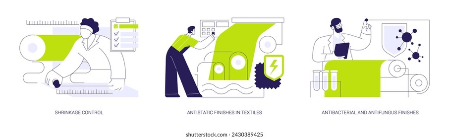 Conjunto de ilustración vectorial de concepto abstracto de tratamiento químico de telas. Control de encogimiento, acabados antiestáticos en textiles, aplicación de antibacteriano y antihongos de protección de fibras metáfora abstracta.