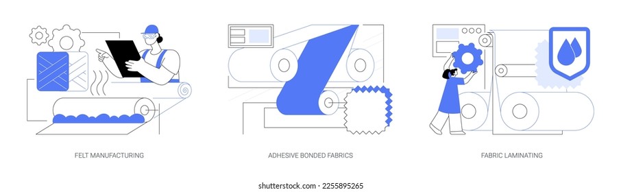 Fabrics production abstract concept vector illustration set. Felt manufacturing, adhesive bonded fabrics, textile laminating, light industry factory, thermoplastic fibers material abstract metaphor.