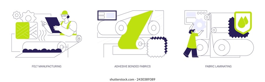 Fabrics production abstract concept vector illustration set. Felt manufacturing, adhesive bonded fabrics, textile laminating, light industry factory, thermoplastic fibers material abstract metaphor.