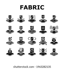 Fabrics Properties Collection Icons Set Vector. Elastic And Stretched, Warm And Cool, Antibacterial And Breathable Fabrics Properties Glyph Pictograms Black Illustrations