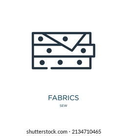 icono de la línea delgada de tejidos. tejido, etiqueta iconos lineales a partir del signo de contorno aislado del concepto de coser. Elemento de símbolo de ilustración vectorial para diseño web y aplicaciones.