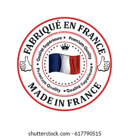 Fabrique en France, Qualite Superieure (French language: Made in France, Premium Quality) - grunge label containing the map and flag colors of France. Print colors used