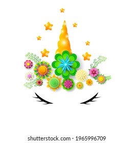 Fabulous Abstract Color Cute Unicorn Horn Flowers Rainbow Shadow Vector Design Card Style