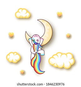 Fabulous Abstract Paper Cut Color Cute Unicorn On Moon With Clouds Stars And Heart Horn Vector Design Style