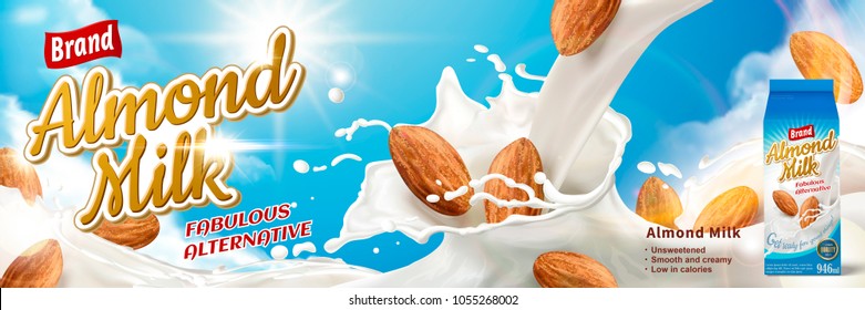 Fabulous Almond milk with splashing liquid and seeds isolated on blue sky, 3d illustration