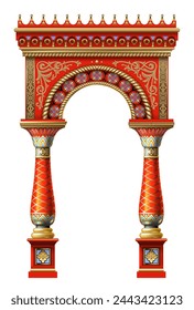 Fabulous ancient arch facade in the east or the ancient Russian style with gold, mosaic, white enamel. Vector graphics