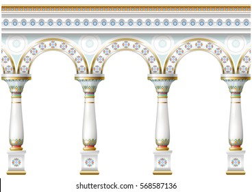 Fabulous ancient arch facade in the east or the ancient Russian style with gold, mosaic, white enamel. Vector graphics