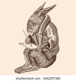 A fabulous animal hare in a jacket sits and writes on a tablet.