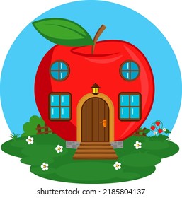 Fabulous apple house on the meadow. Vector illustration of the house of small creatures.