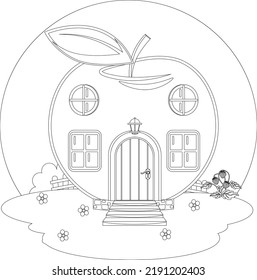 Fabulous apple house on the meadow coloring book. Vector illustration of the house of small creatures.