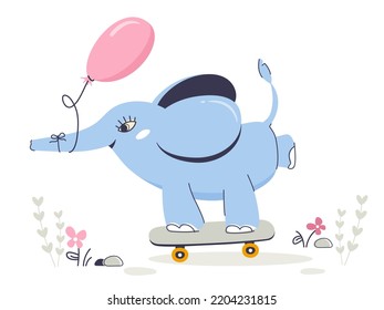 A fabulous baby elephant with a balloon rides a skateboard. Happy birthday card