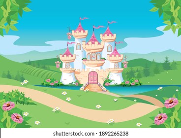 Fabulous background with the princess castle by the lake in the forest. Castle with pink flags, precious hearts, roofs, towers and gates. Fabulous vector illustration.