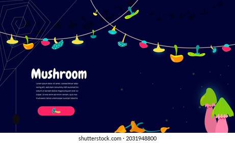 Fabulous banner with mystical mushrooms for a website or a computer game. Space splash with bright mushrooms on a dark background.