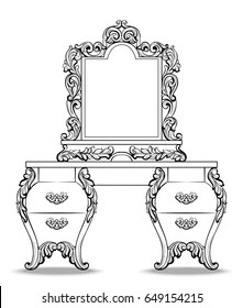 Fabulous Baroque Console Table and Mirror frame set. Vector French Luxury rich carved ornaments. Victorian wealthy Style decorated furniture