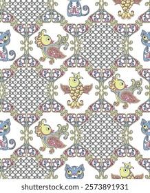 Fabulous bird, cat and goldfish with twisted ornament. Seamless pattern.