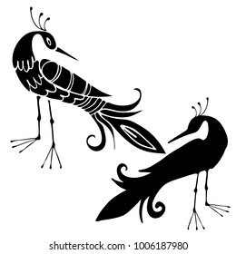Fabulous Birds and flowers in black and white style. Can be used for printing on paper, stickers, postcards , bijouterie, textiles