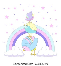 Fabulous birds on a rainbow with clouds. Vector illustration.
