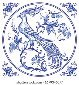 A fabulous blue bird in a frame in the Dutch, oriental style, decor for dishes and other products.