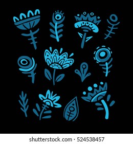 Fabulous blue flowers set flat vector stock illustration