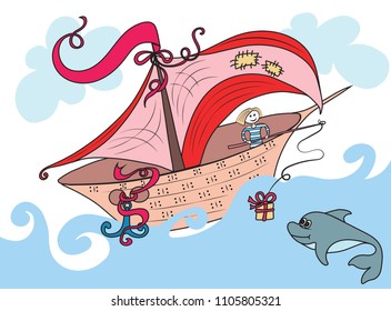 Fabulous boat sailing on the ocean, the sailor on Board threw a Dolphin gift on the rod