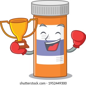Fabulous boxing winner of pills drug bottle caricature design style. Vector illustration