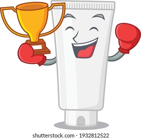 Fabulous boxing winner of shower gel caricature design style. Vector illustration
