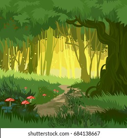 Fabulous bright green summer forest vector background jungle with toadstool and mushrooms and forest path cartoon style