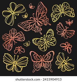 FABULOUS BUTTERFLIES Openwork Cute Insects On Black Background Cartoon Hand Drawn Sketch For Print Natural Lepidopterology Vector Illustration Collection