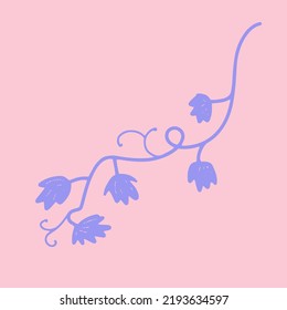 Fabulous cartoon branches of grapes with flowers. A purple branch with leaves on a pink background. Vector illustration.