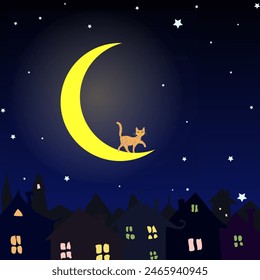 A fabulous cat walks on the moon over the roofs of the city at night. Vector illustration A fairy tale takes place over the night city. A cat with patterns and big eyes walks on the crescent moon