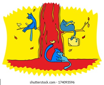 fabulous cats and birds in the autumn forest