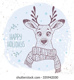 Fabulous character cute and funny portrait deer in scarf. Holidays stylish poster in sketch style. Vector illustration