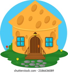 Fabulous cheez house on the meadow. Vector illustration of the house of small creatures.