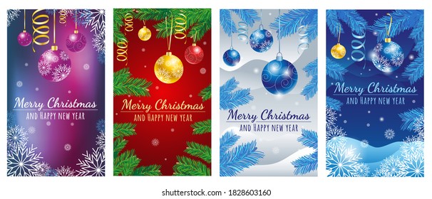 Fabulous Christmas illustrations with snowflakes, fir branches and houses. A set of vertical Christmas banners.